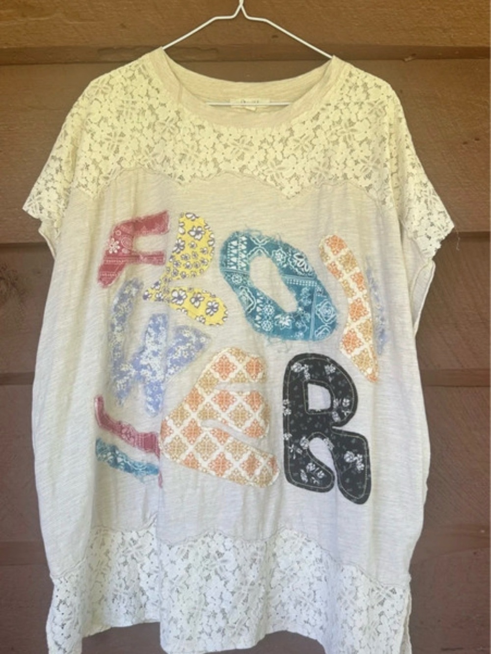 Oli & Hali Cream Lace Graphic Tunic with Multicolor Letter AppliquΓ©s